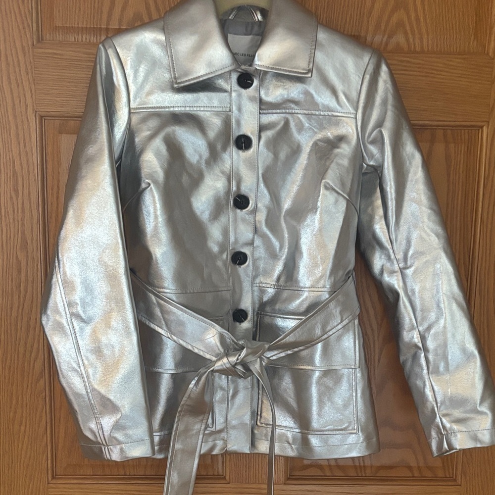 Avec Les Filles Shimmering Silver Faux Leather Jacket